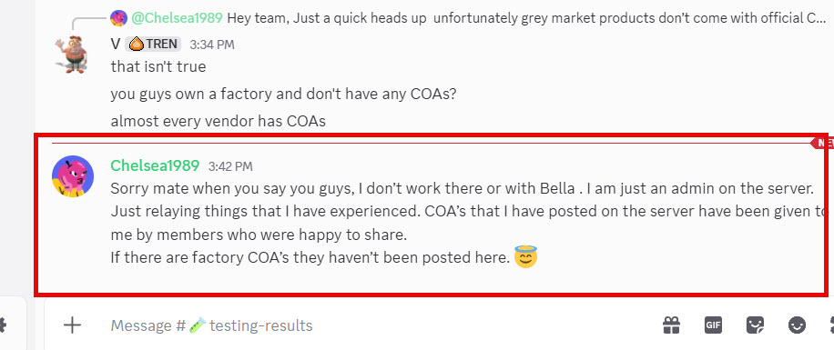 Discord screenshot: admin Chelsea1989 tells a member 'I don't work there or with Bella. I am just an admin on the server… If there are factory COA's they haven't been posted here.'