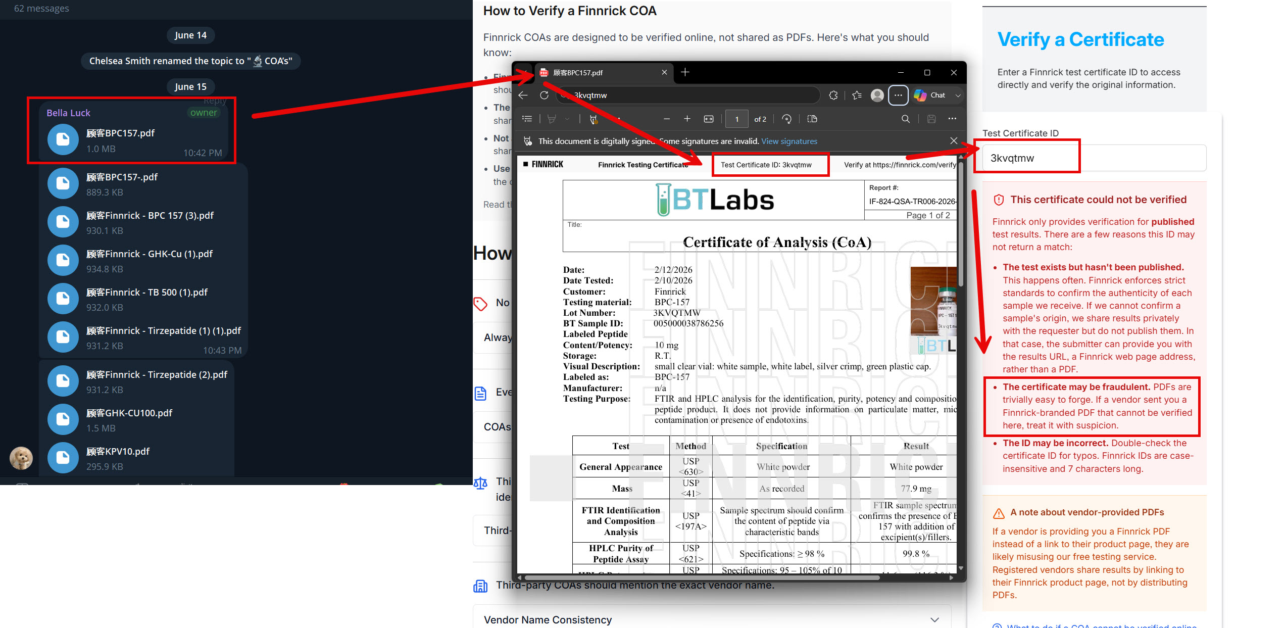 Screenshot: a Finnrick-branded certificate posted by 'Bella Luck' (owner), ID 3kvqtmw, and the live Finnrick page returning 'This certificate could not be verified' with a warning that the certificate may be fraudulent.