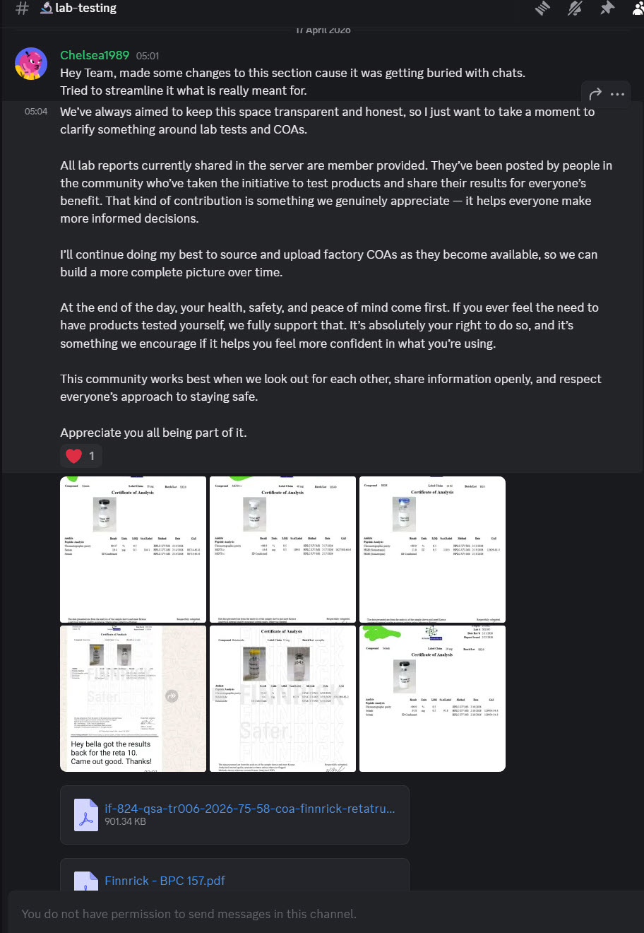 Discord announcement channel: the admin recasts every certificate as 'member provided' and attaches a grid of six Finnrick-branded COA thumbnails.