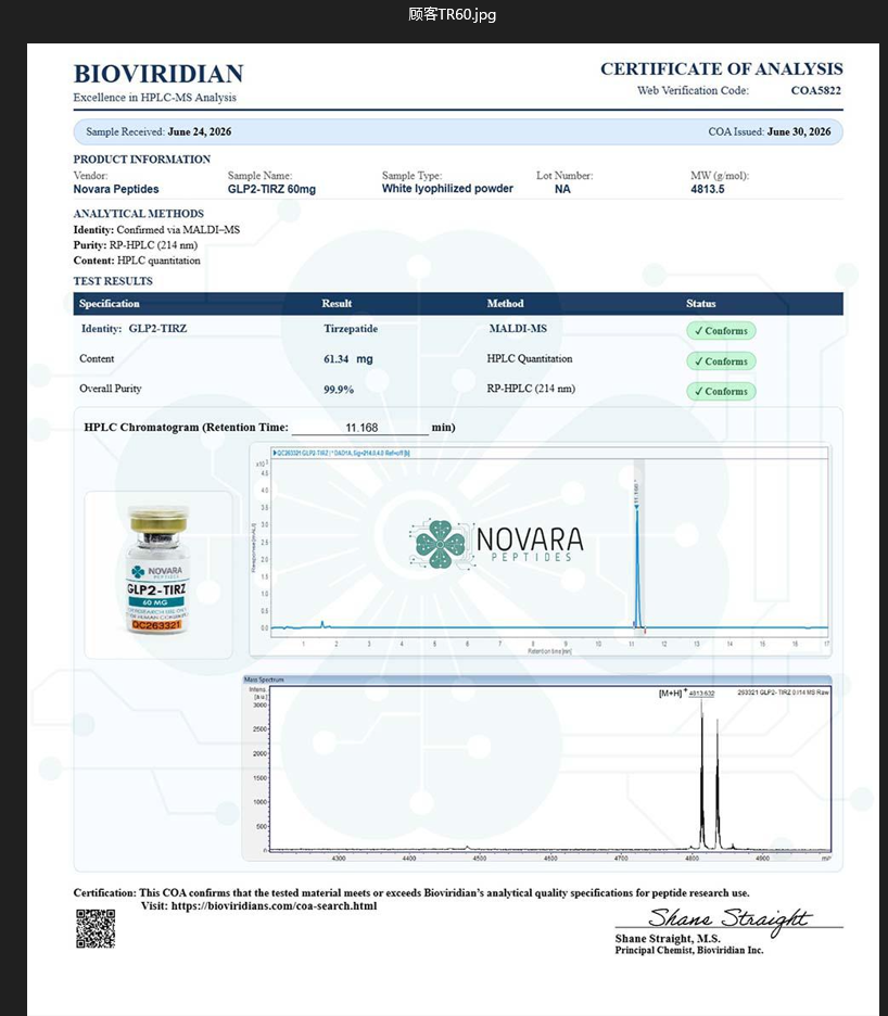 A Bioviridian certificate of analysis whose vendor field reads 'Novara Peptides,' not Bella, filed under a filename beginning with the Chinese character for 'customer.'