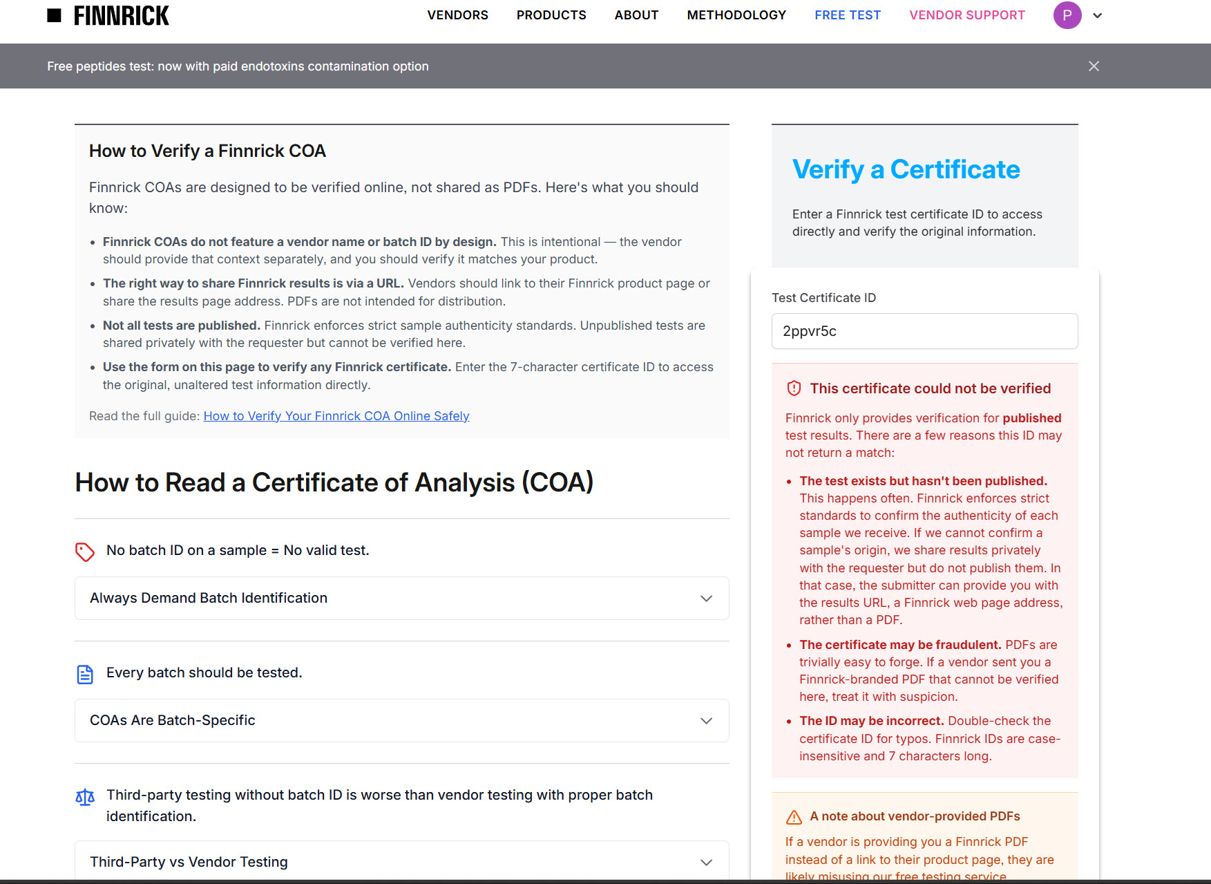 Finnrick verification page: certificate ID 2ppvr5c returns 'This certificate could not be verified.'