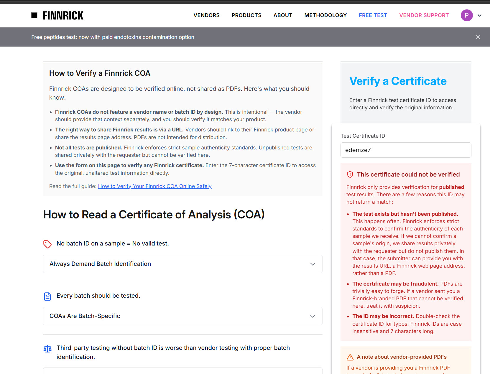 Finnrick verification page: certificate ID edemze7 returns 'This certificate could not be verified.'