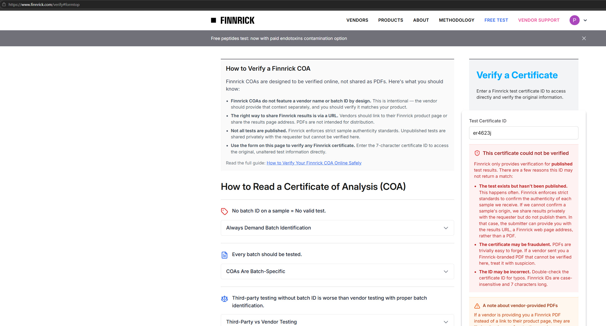 Finnrick verification page: certificate ID er4623j returns 'This certificate could not be verified,' with a note that such PDFs may be fraudulent.