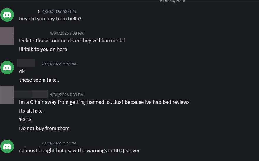 Discord DM: a buyer warns another 'Delete those comments or they will ban me,' says the reviews are fake, and 'Do not buy from them.'