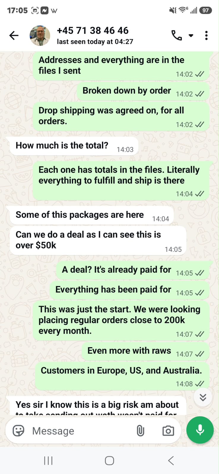 WhatsApp: the vendor says 'Some of this packages are here' and 'Can we do a deal as I can see this is over $50k,' while the buyer replies it is already paid for.