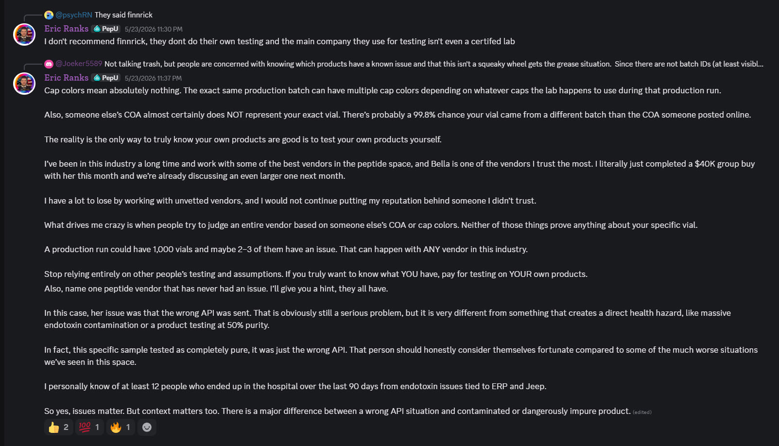 Discord screenshot: Eric Ranks, badge PepU, says he doesn't recommend Finnrick, argues someone else's COA doesn't represent your vial, concedes Bella sent 'the wrong API,' and discloses a $40K group buy with her.