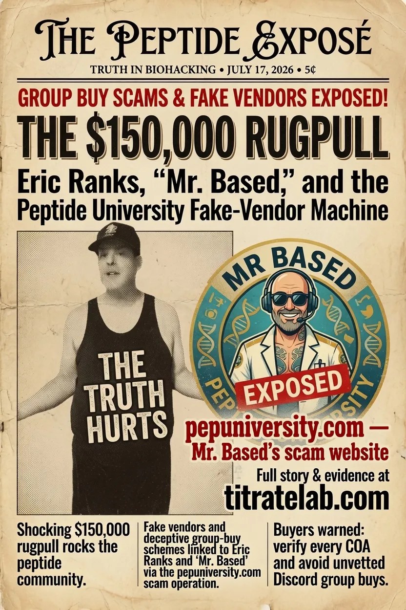 Cover graphic styled as a vintage newspaper front page, 'THE PEPTIDE EXPOSÉ': headline 'THE $150,000 RUGPULL — Eric Ranks, Mr. Based, and the Peptide University Fake-Vendor Machine,' with a photo of Eric Ranks in a 'THE TRUTH HURTS' tank top and the Mr. Based / Peptide University logo stamped 'EXPOSED.'