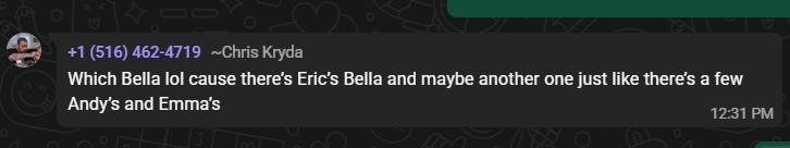 Telegram message from a member, Chris Kryda: 'Which Bella lol cause there's Eric's Bella and maybe another one just like there's a few Andy's and Emma's.'