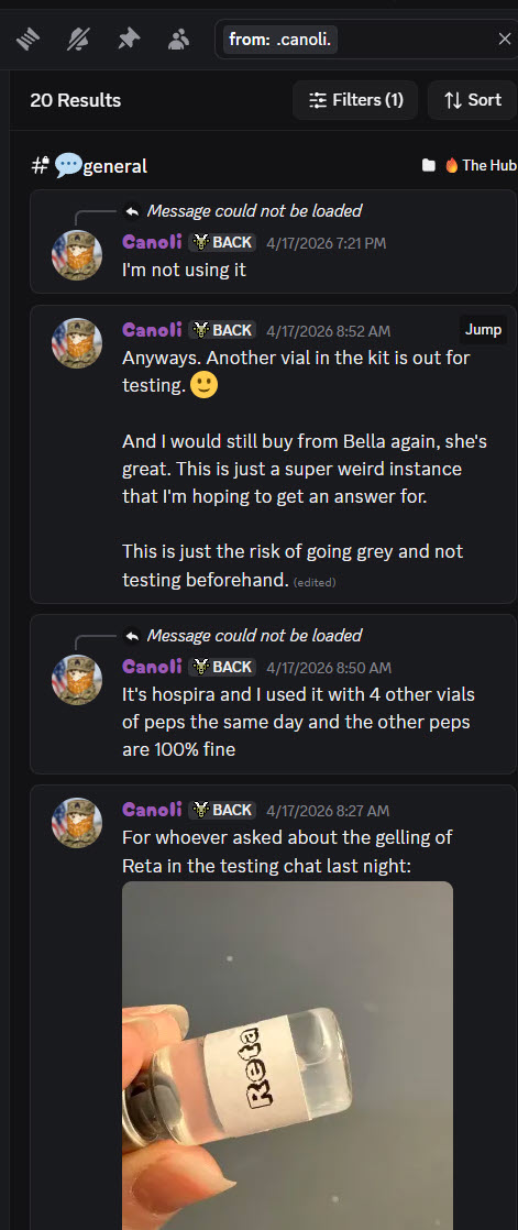 Discord screenshot with a photo of a vial labeled Reta whose contents have gelled into a semi-solid; the member rules out his own solvent.