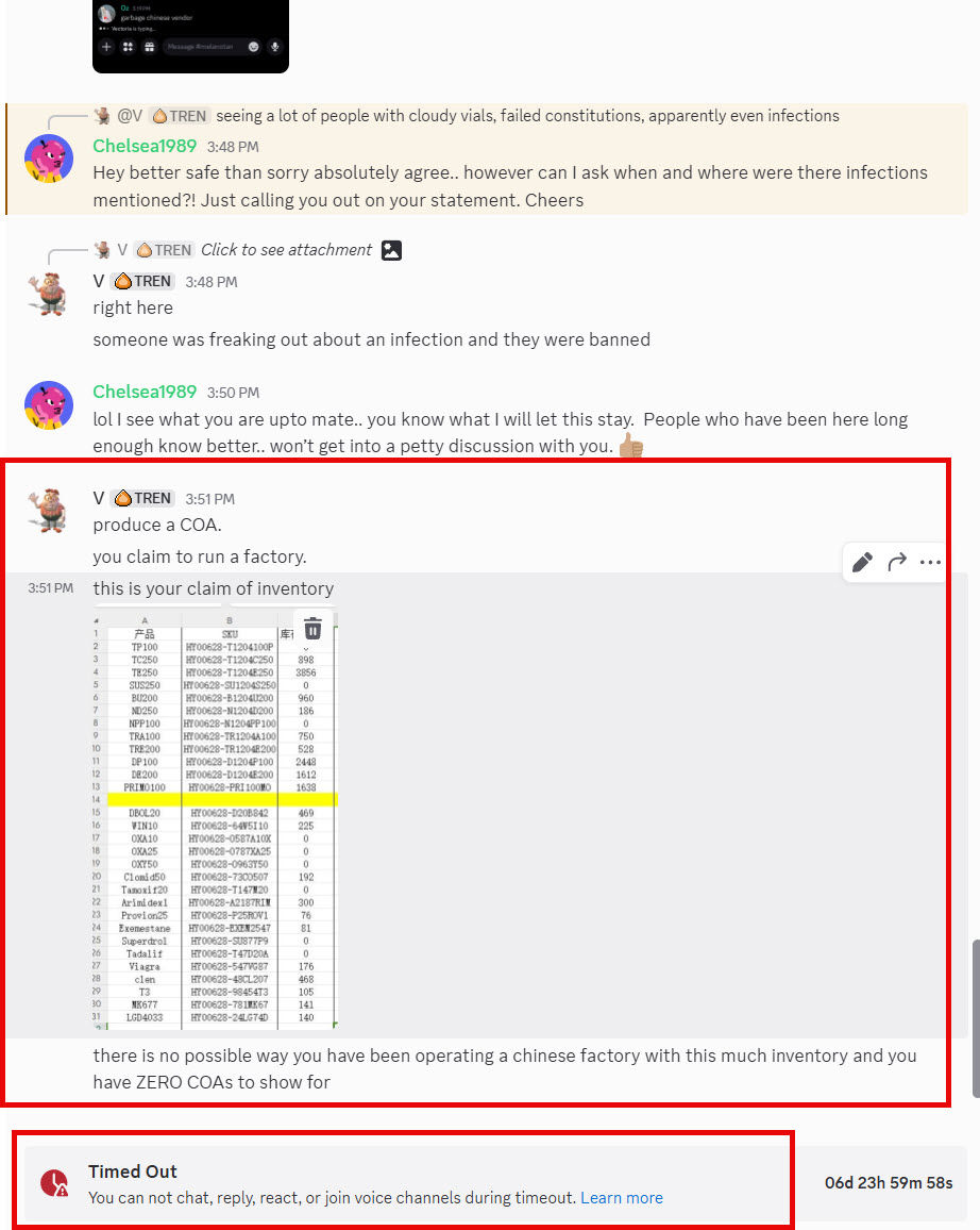 Discord screenshot: a member posts the operation's own Chinese inventory spreadsheet and writes 'produce a COA… you have ZERO COAs to show for.' A timeout banner sits at the bottom.