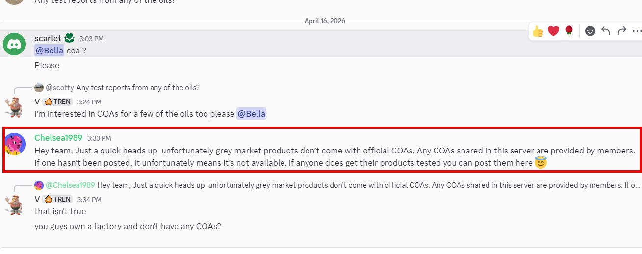 Discord testing channel: members ask the vendor account directly, '@Bella coa? Please,' and 'i'm interested in COAs for a few of the oils too please @Bella.'