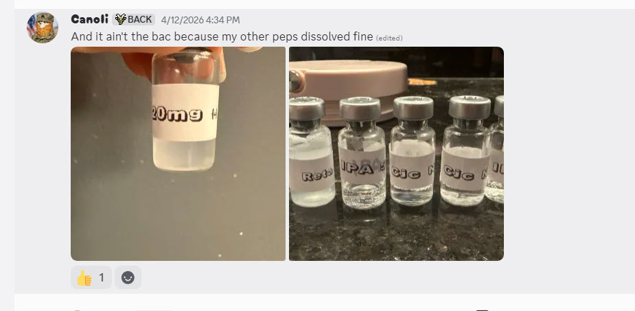 A member holds up a cloudy 20mg vial and writes 'it ain't the bac because my other peps dissolved fine,' pre-empting the vendor's excuse.