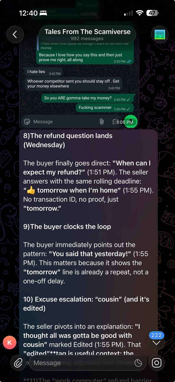 A scam-tracking channel documents the same seller running a refund runaround on another buyer: rolling 'tomorrow' promises with no tracking or transaction proof.