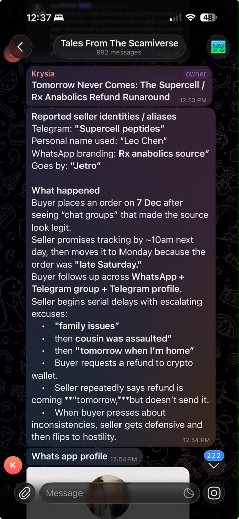 A scam-tracking channel's case file on the seller, listing reported aliases: 'Supercell peptides,' personal name 'Leo Chen,' WhatsApp branding 'Rx anabolics source,' and 'Jetro.'