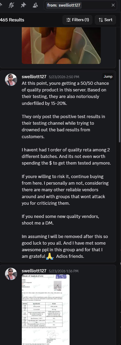 Discord screenshot: a departing customer writes 'youre getting a 50/50 chance of quality product in this server… they are also notoriously underfilled by 15-20%,' and adds 'Im assuming I will be removed after this.'