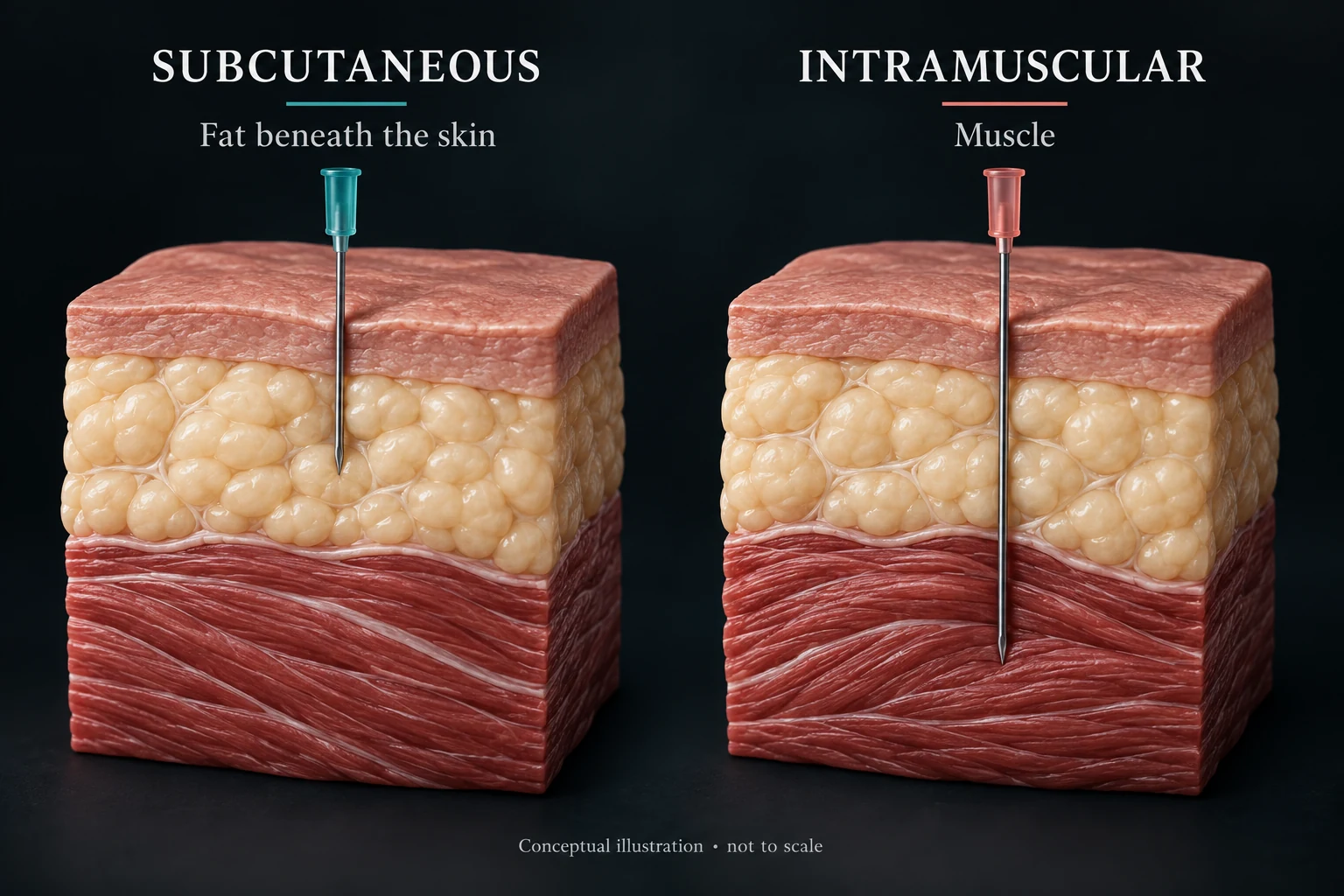 Two conceptual tissue cutaways. The subcutaneous needle ends in fat below the skin; the intramuscular needle extends through the fat into muscle.