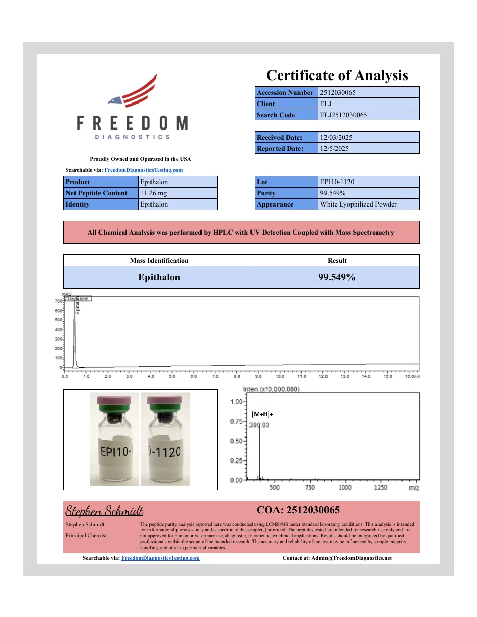 ELJ certificate, epithalon lot EPI10-1120, December 2025.