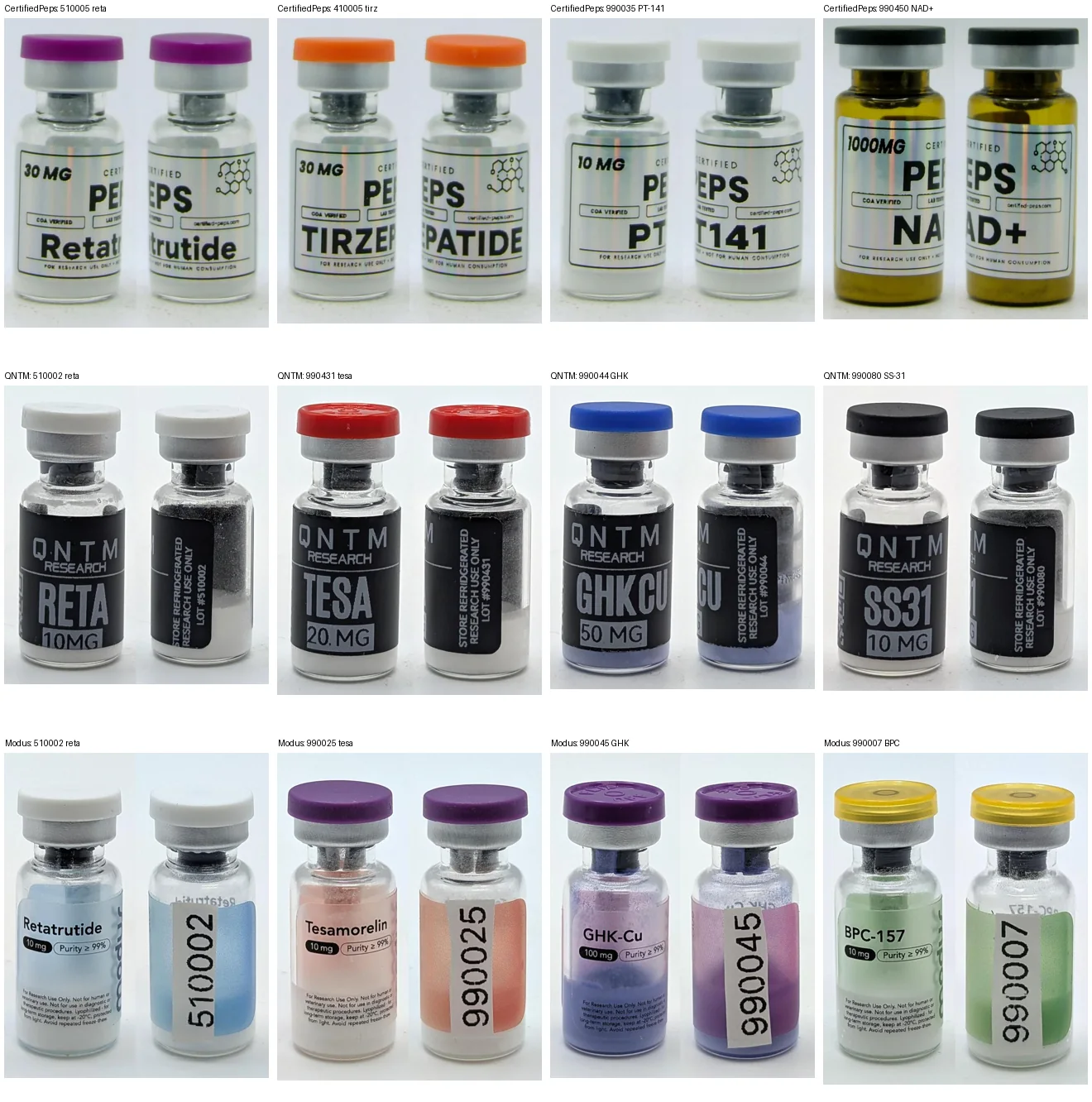 Seller labels carrying ERP codes. Vial photos from the sellers' own Freedom Diagnostics certificates: CertifiedPEPS (top row), QNTM Research (middle), Modus Club (bottom). QNTM prints LOT #510002, #990431, #990044, #990080; Modus stickers 510002, 990025, 990045, 990007.