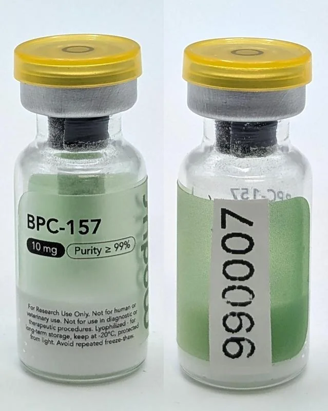 Modus Club BPC-157 10 mg with a 990007 sticker; clear yellow cap.
