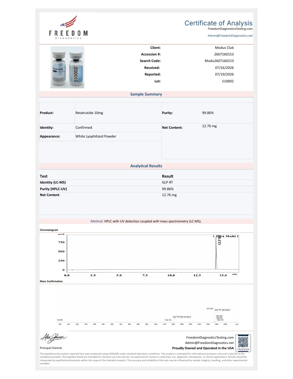 Modus Club certificate, lot 510002, Freedom Diagnostics, July 2026.