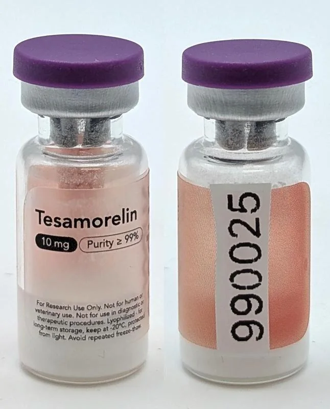Modus Club tesamorelin 10 mg with a 990025 sticker; violet cap.