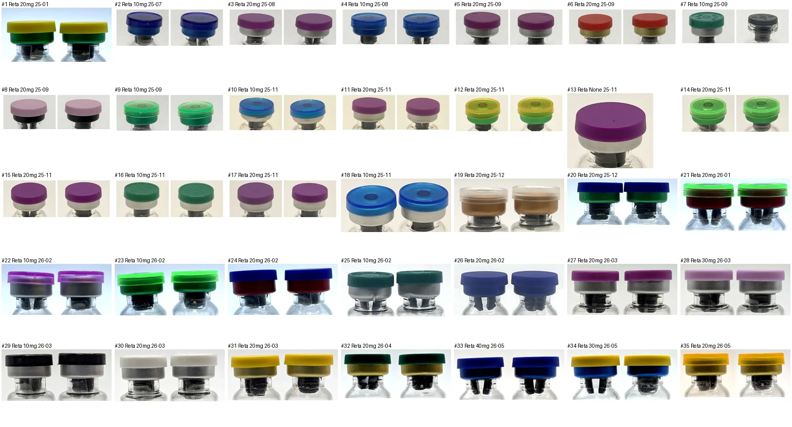 Planet Peptide, lots 1-35. Cap and crimp from each certificate's vial photo, labelled by compound, dose and test month.