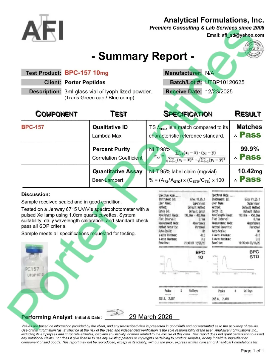 Porter's older report (Analytical Formulations): lot UTBP10120625, 