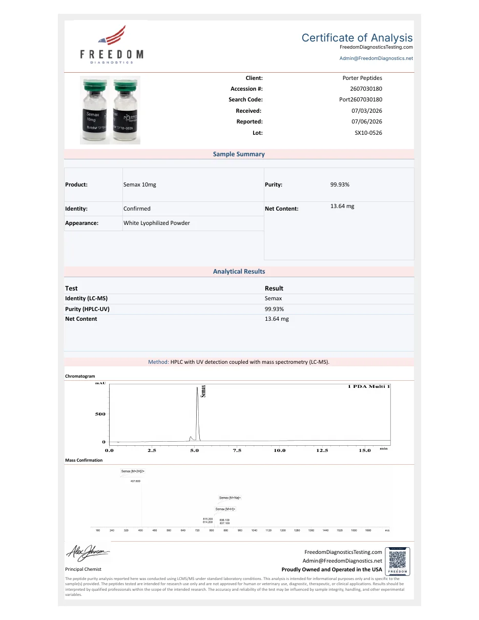 Porter's certificate, lot SX10-0526, Freedom Diagnostics, reported July 6, 2026.
