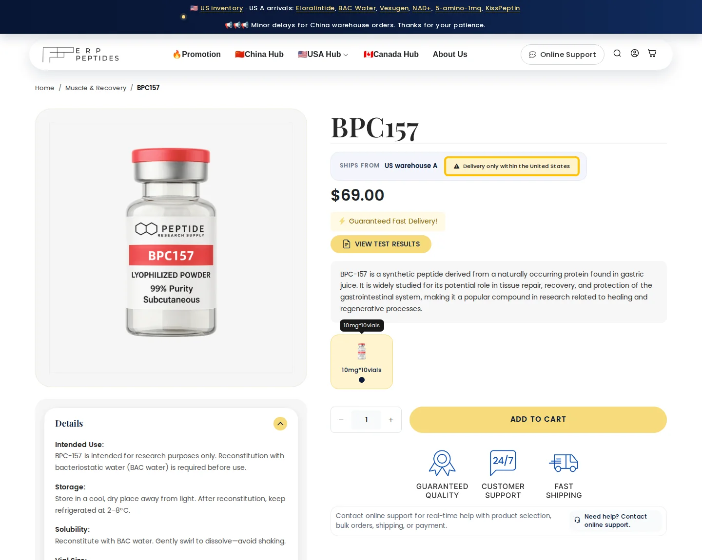 ERP: BPC-157 10 mg x 10, $69.00, US warehouse A.