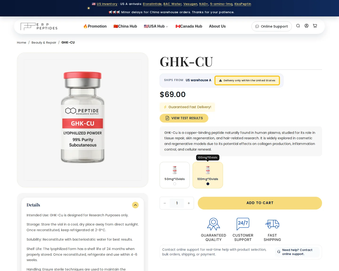 ERP: GHK-Cu 100 mg x 10, $69.00, US warehouse A.