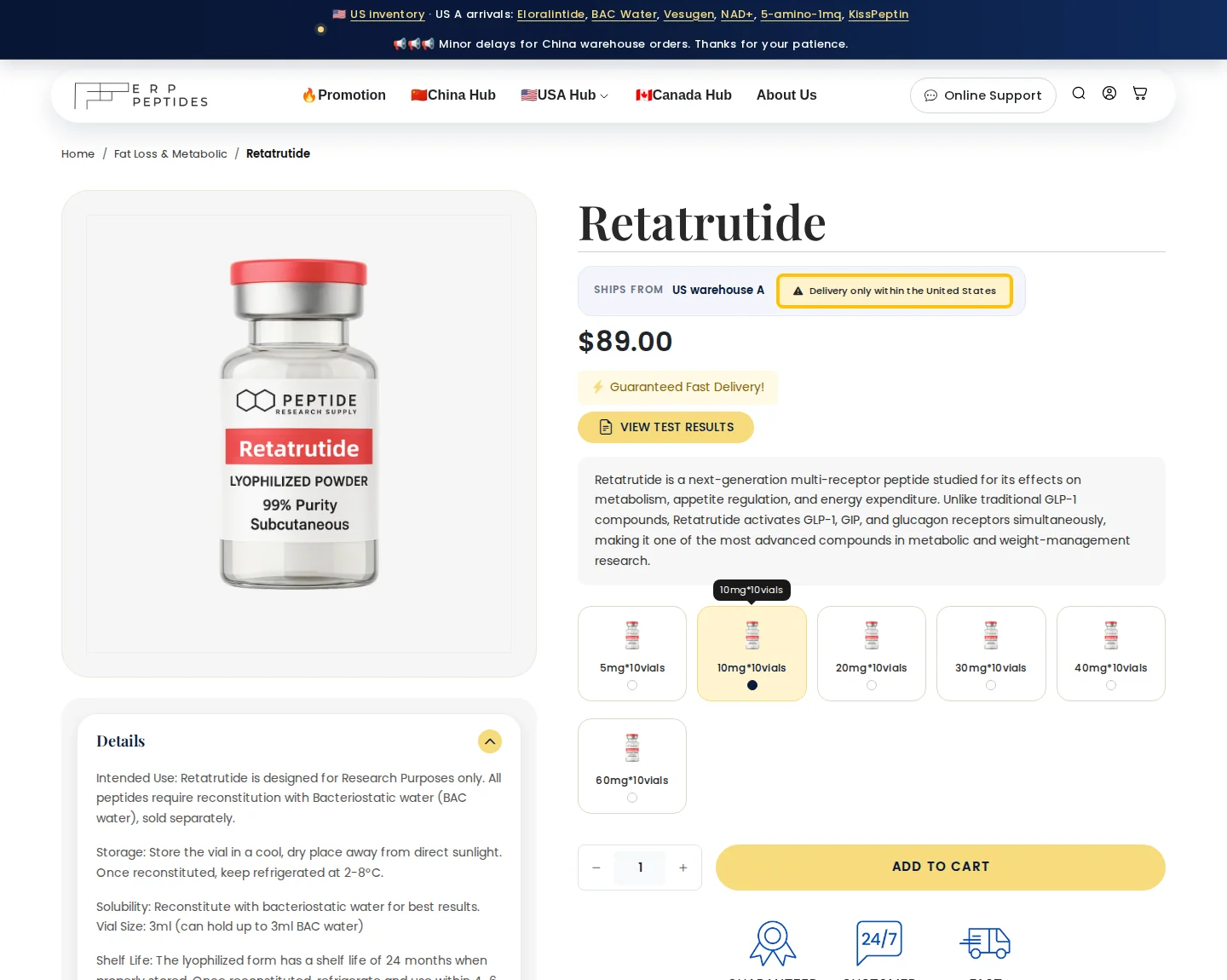 ERP: retatrutide 10 mg x 10 vials, $89.00, ships from US warehouse A. Captured Sep 18, 2026 with that option selected.