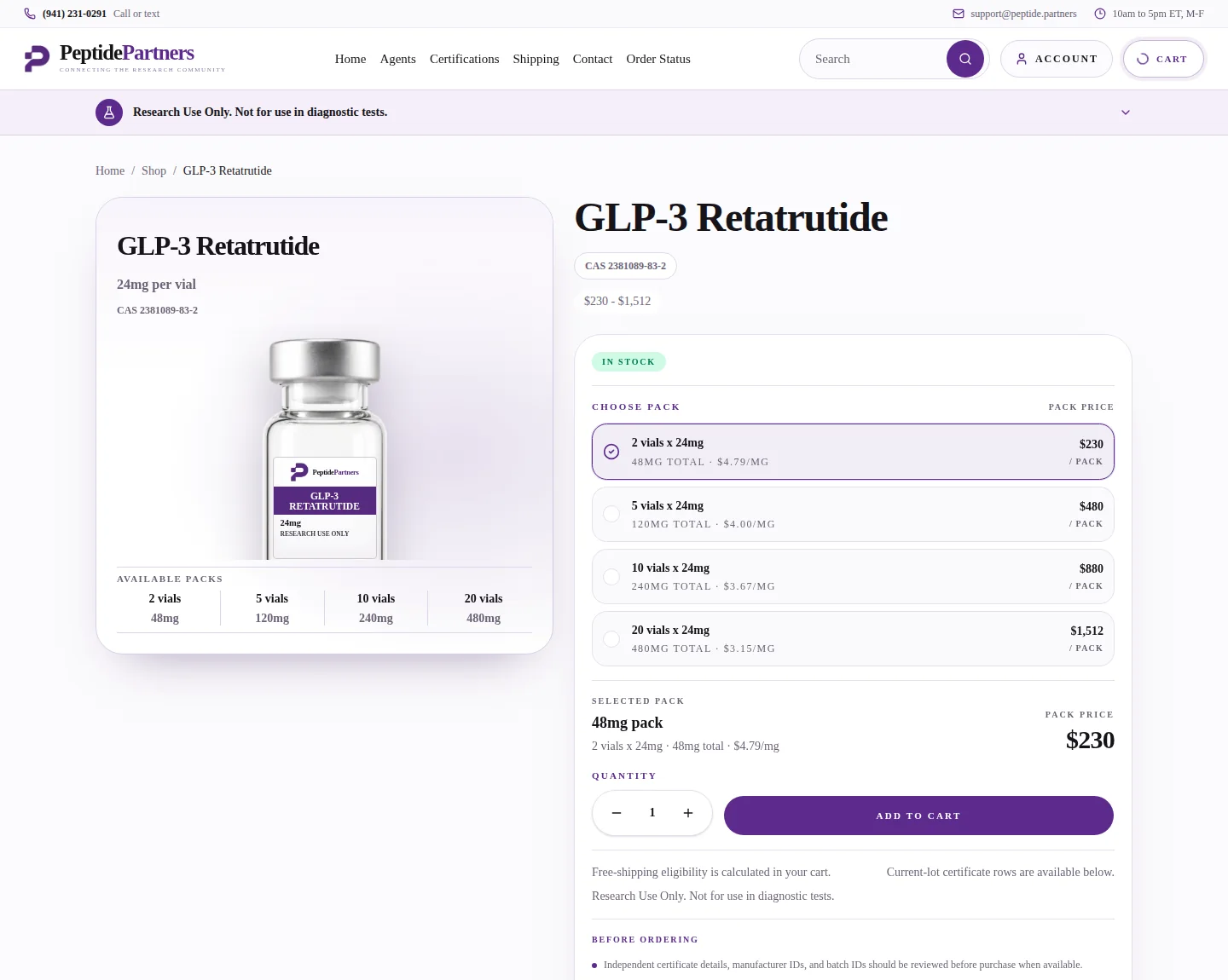 Peptide Partners: retatrutide 24 mg, packs of 2 to 20 vials. Captured Sep 18, 2026.