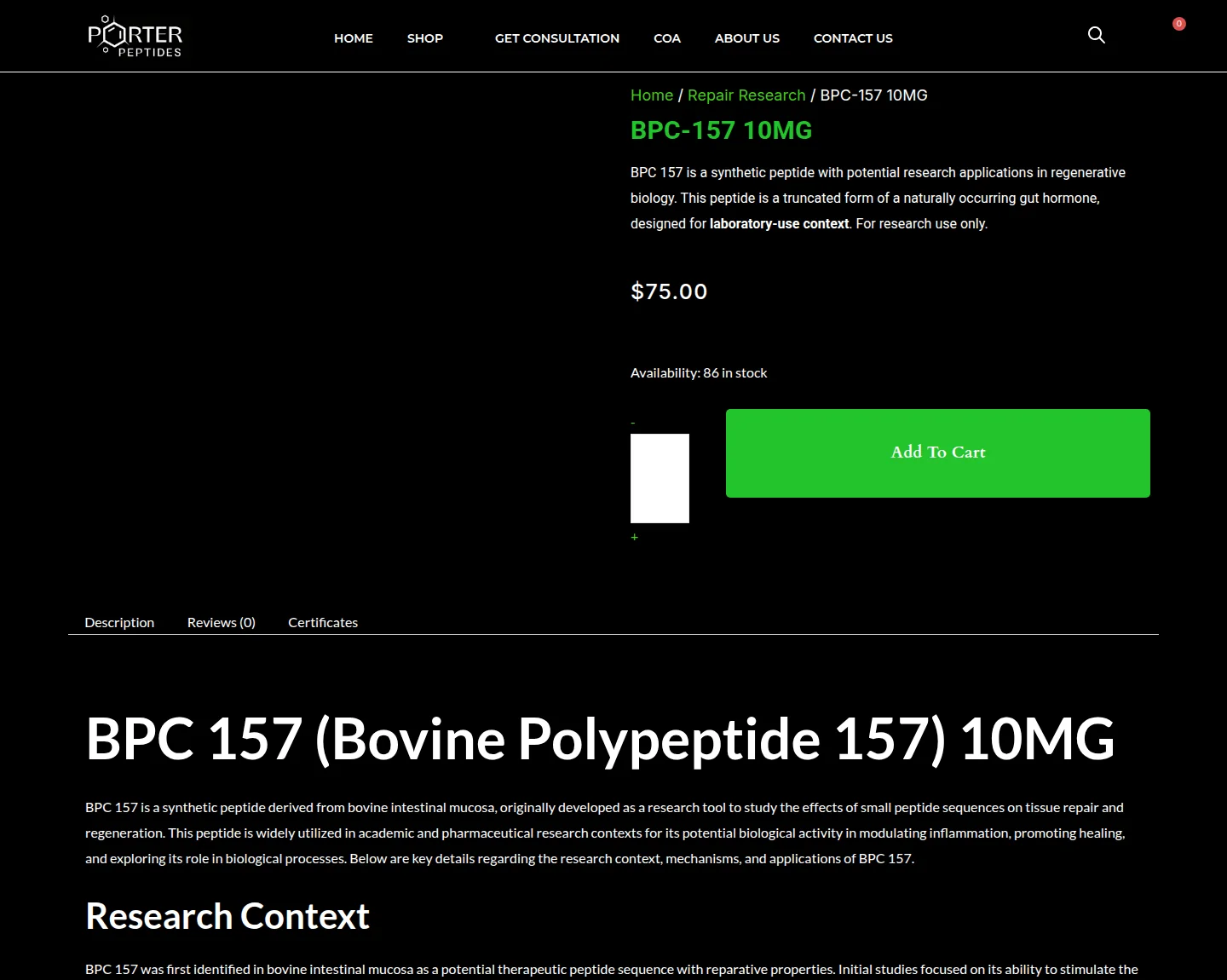 Porter: BPC-157 10 mg, $75.00.