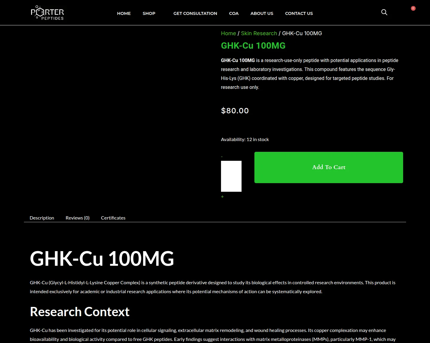 Porter: GHK-Cu 100 mg, $80.00.