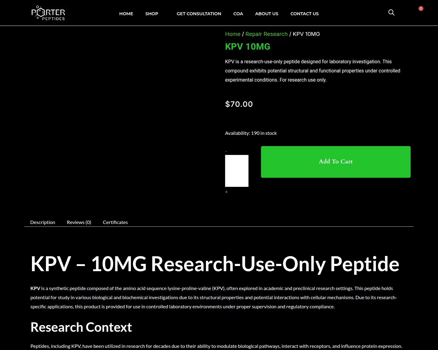 Porter: KPV 10 mg, $70.00.