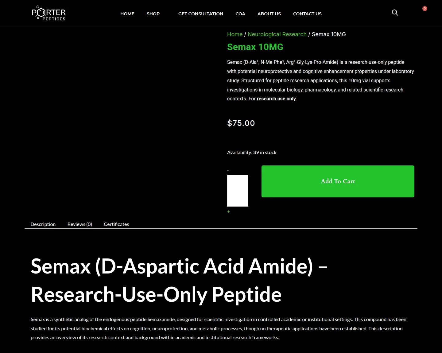 Porter: Semax 10 mg, $75.00 per vial. Captured Sep 18, 2026 from the page HTML the site serves, without the login overlay its scripts add.