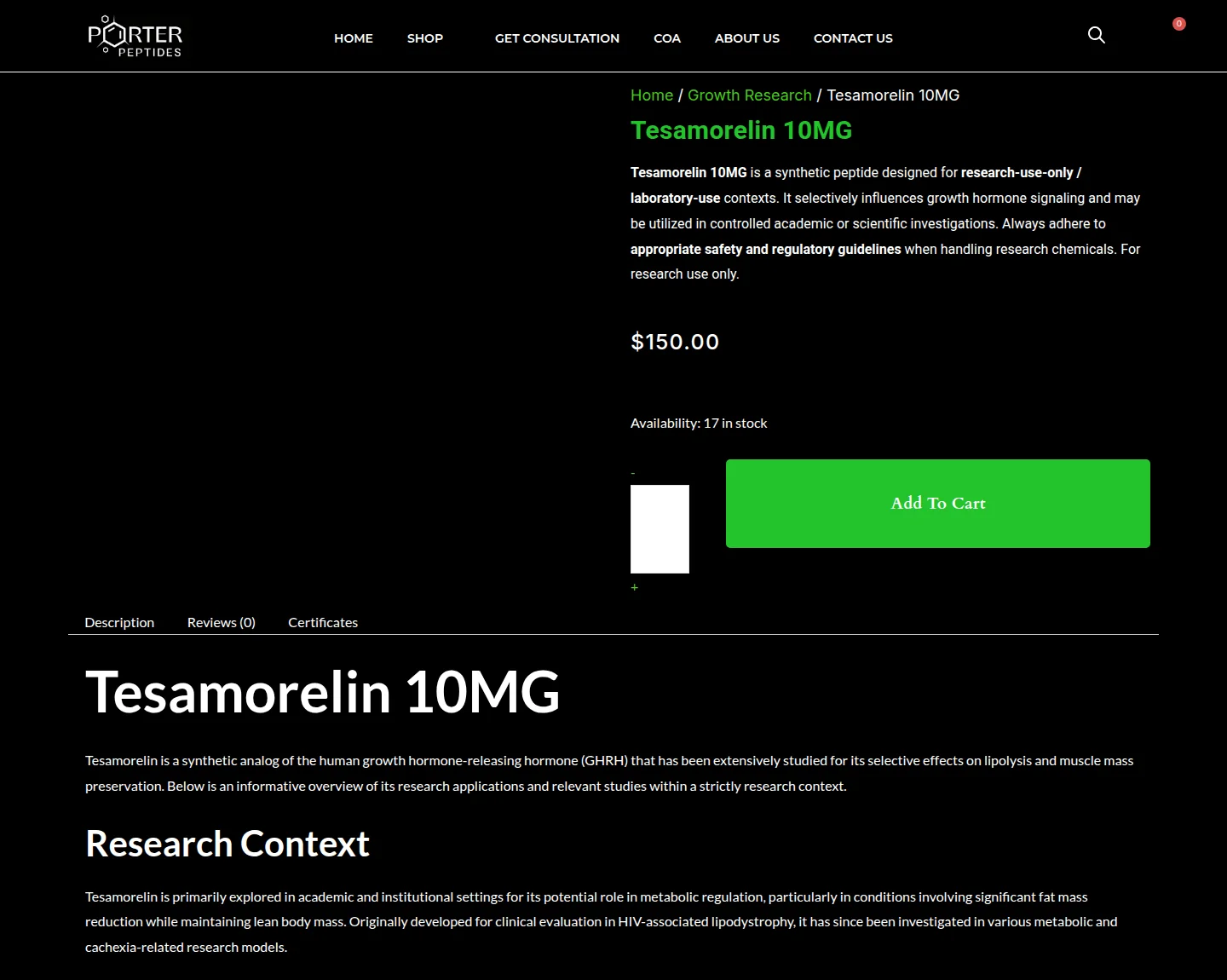 Porter: tesamorelin 10 mg, $150.00.