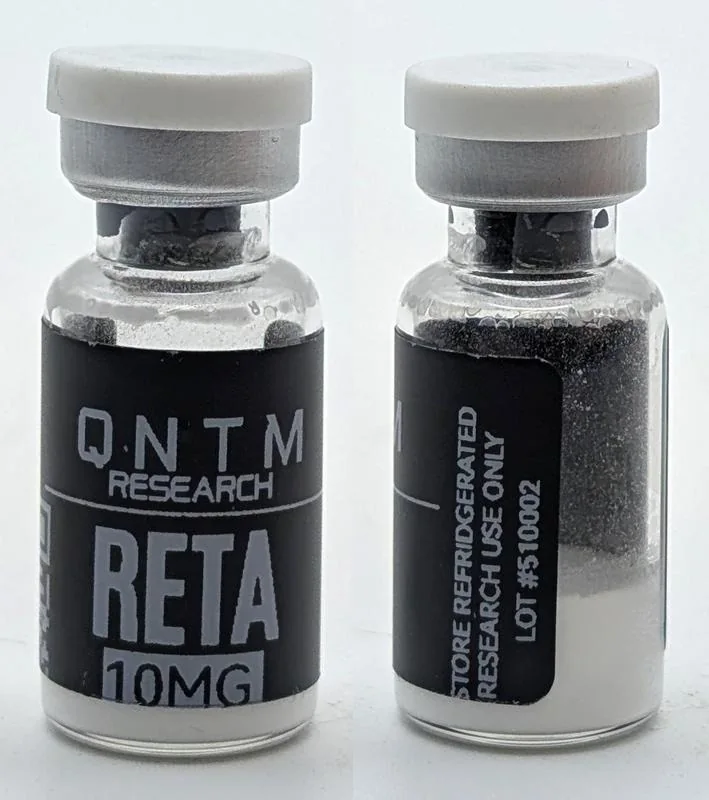 QNTM Research, retatrutide 10 mg. Label reads LOT #510002; white cap, silver crimp. Photo from the certificate, tested Aug 2026.