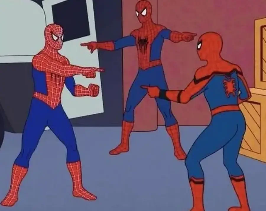 Three Spider-Man characters labeled WBS, ERP and JKL pointing at one another