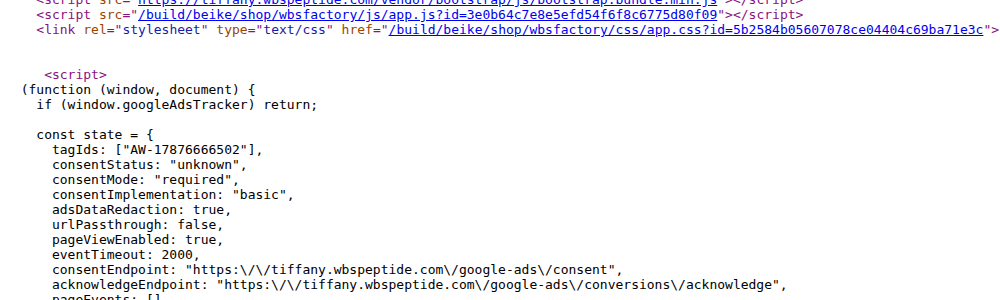 WBS storefront page source showing Google Ads identifier AW-17876666502 and the BeikeShop wbsfactory theme path