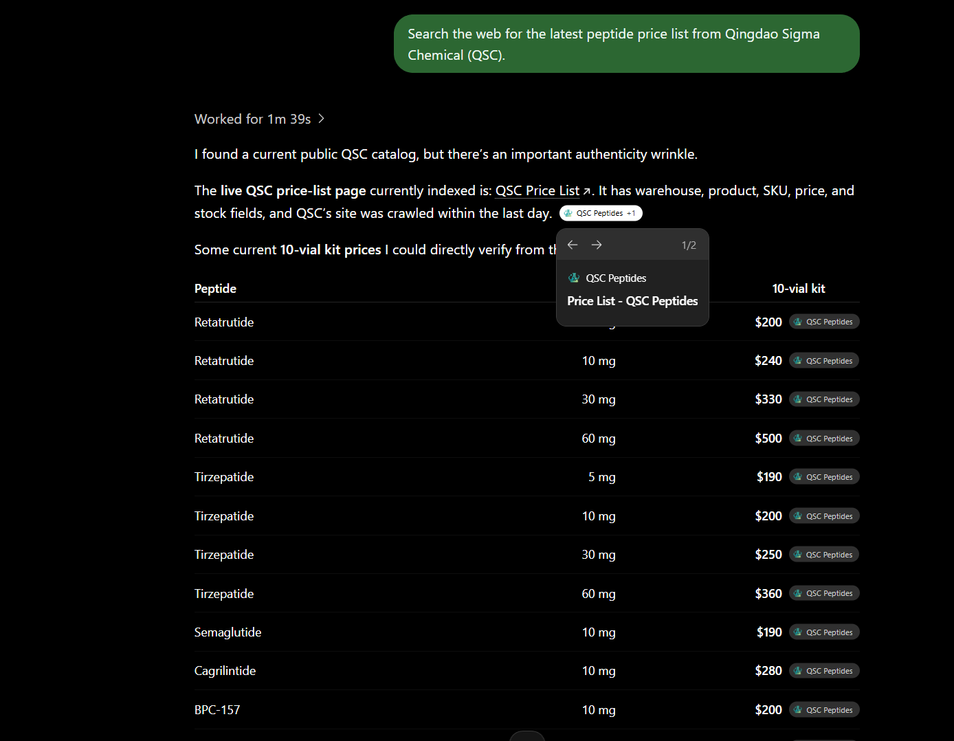 User-supplied ChatGPT screenshot showing the price-list prompt, QSC Peptides citations and opening authenticity warning