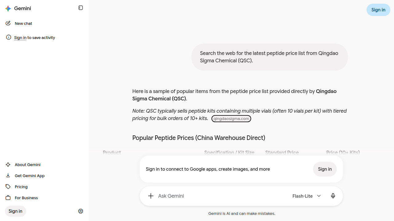 Original Gemini answer describing the price list as provided directly by QSC, with a qingdaosigma.com citation