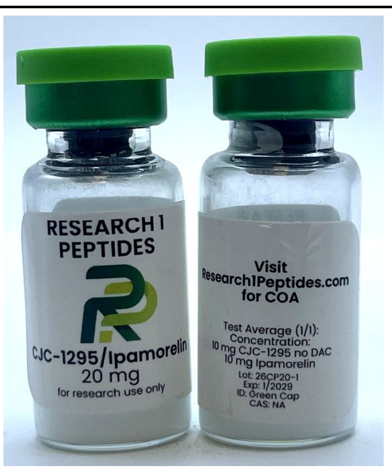 Original vial label stating 10 mg CJC-1295 without DAC and 10 mg ipamorelin.
