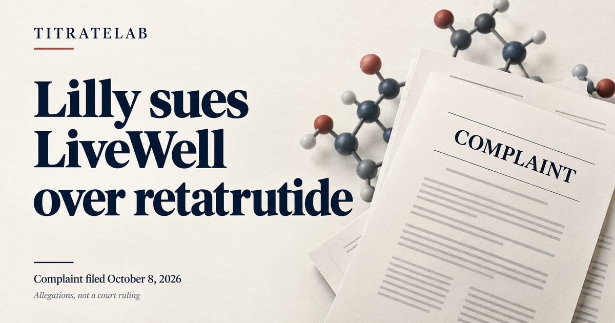 Editorial illustration of court papers beside the headline Lilly sues LiveWell over retatrutide. Allegations, not a court ruling.