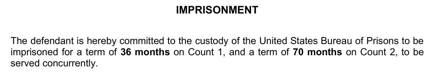 Court judgment showing 36 months on count 1 and 70 months on count 2, served concurrently.