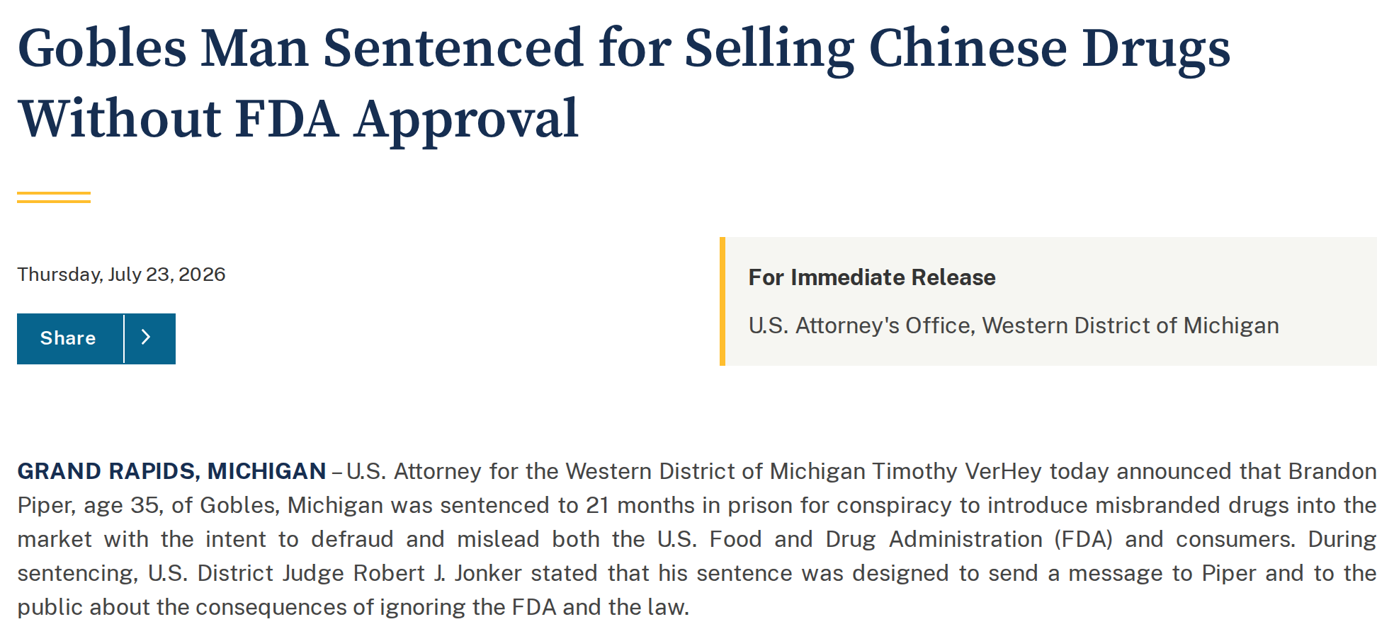 Official DOJ release announcing Brandon Piper was sentenced to 21 months in prison.