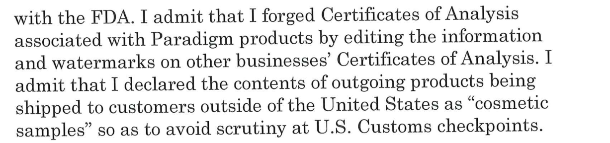 Excerpt of Stechkober plea agreement admitting forged certificates of analysis for Paradigm products.