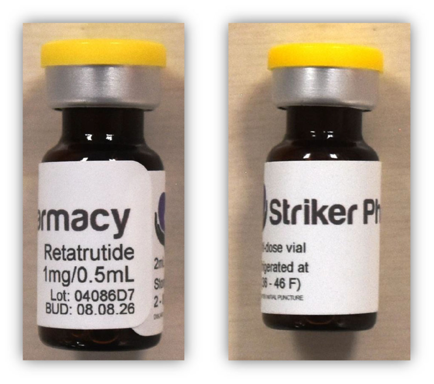 Two photographs reproduced in the complaint showing Striker Pharmacy vials labelled Retatrutide.