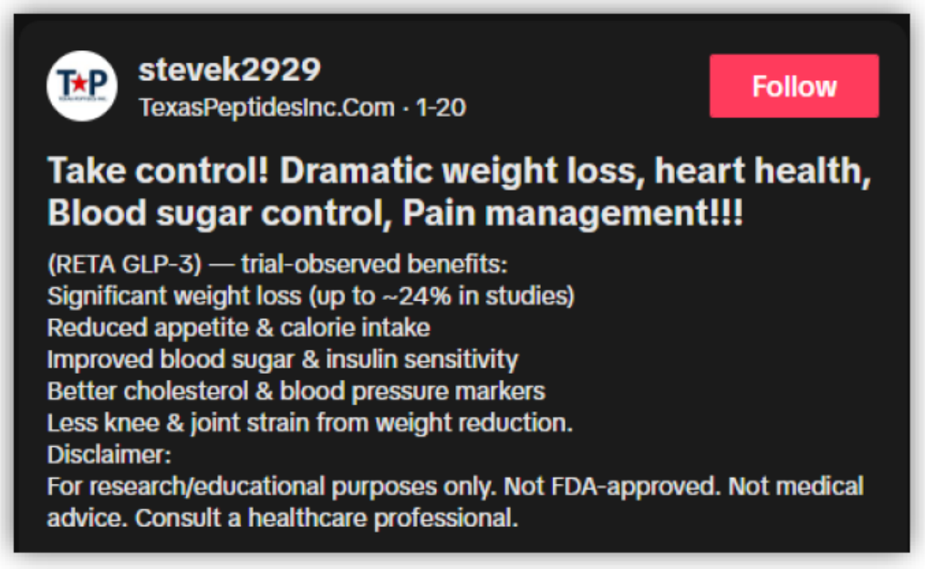 Texas Peptides promotional post for RETA GLP-3 with claimed health benefits and a research-use disclaimer, reproduced in Lilly’s complaint.