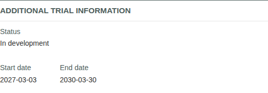 AEA registry fields show the trial is in development, with planned dates March 3, 2027 to March 30, 2030.